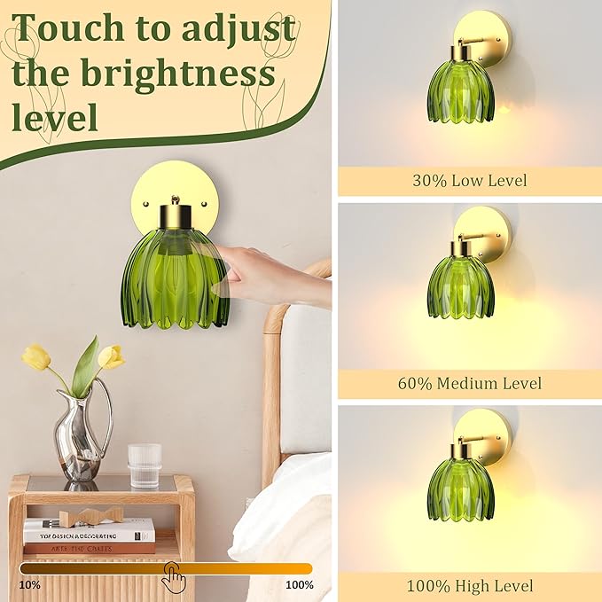 MOKOQI Wall Sconces Set of 2 Battery Operated | Tulip Glass Wall Lamps Rechargeable 5200mAh Wireless Wall Sconce Dimmable for Bedroom Living Room Hallway, Elegant Green Tulip Lampshade Wall Decor