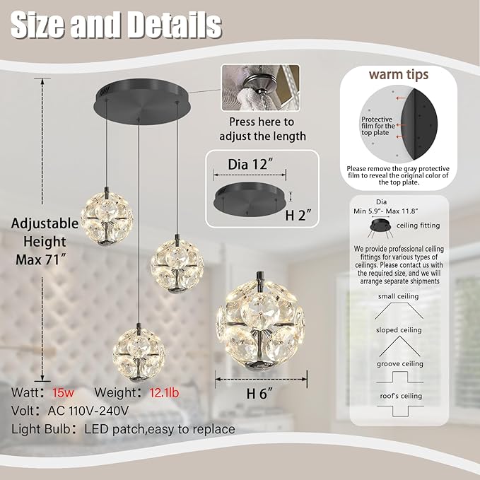ykolupty Modern Black Pendant Light Contemporary LED Ceiling Hanging Pendant Lights Crystal Globe Chandelier for Kitchen Island Dining Room Bedroom Entryway