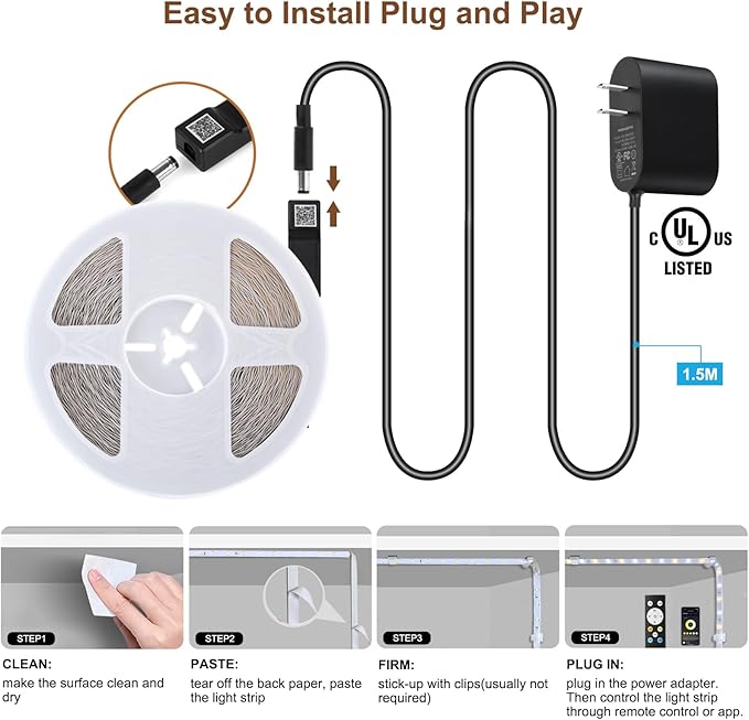 Wefomey White LED Strip Lights, Dimmable Bright 24V Flexible Tape Light with Remote and App Control, UL-Listed Power Supply, 2700K-6500K White Lights for Bedroom (1 Rolls of 131ft)