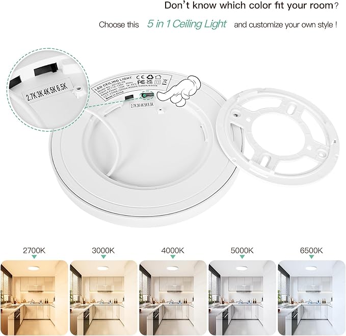 Brightever 7 Inch Flush Mount Ceiling Light, 12W 1200LM LED Ceiling Light Fixtures, 2700K/3000K/4000K/5000K/6500K Selectable, 0.67 Inch Ultra Thin Flat Ceiling Lights for Bedroom Closet, 2 Packs