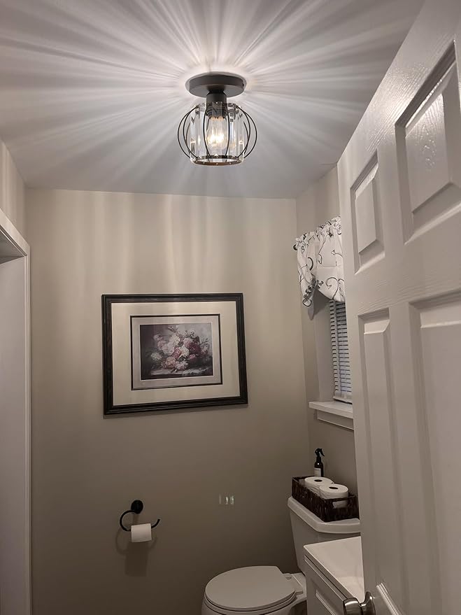 Small Oil Rubbed Bronze Hallway Light Fixture Ceiling 1 Pack- Semi Flush Mount with Crystal Cage Shade, 6.7" Low Profile Light Fixture, Dimmable E26 Base Foyer Lighting for Hallway Closet Laundry Room