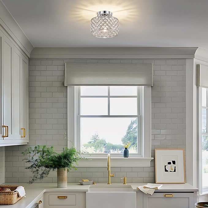 Chrome Crystal Ceiling Light Fixture,Modern Semi Flush Mount Ceiling Lighting Fixture,Round Small Chandelier for Hallway, Entryway, Laundry Room, Kitchen, Bedroom, Foyer, Bathroom, 1 Light, 9 inch