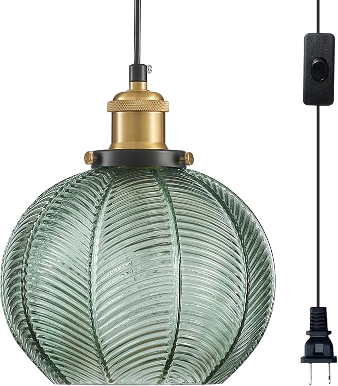 Modern Plug in Hanging Light, 7.8 Inch Glass Pendant Light with 14.76 FT Adjustable Plug in Cord, Vintage Green Hanging Lamp for Dining Room Bedroom Kitchen Island Bathroom E26