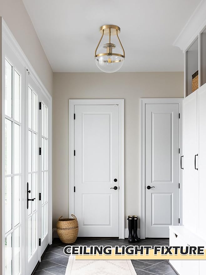 Bagood 8 Inch Mid Century Ceiling Light Modern Gold Semi Flush Mount Ceiling Light with Clear Glass Shade Globe Semi Flush Mount Ceiling Light Fixture for Bedroom Hallway Bathroom Foyer (Bulb Incl.)