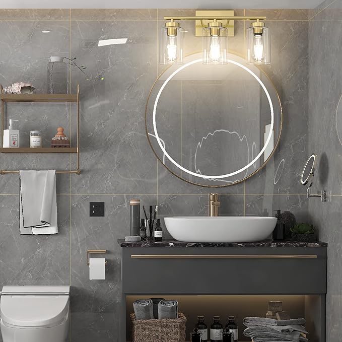 Gold Bathroom Light Fixtures, Modern Bathroom Vanity Light with Clear Glass Shade, 3 Lights Brushed Brass Bath Wall Mount Lights, Gold Wall Sconce for Kitchen Bedroom Hallway Living Room Hallway