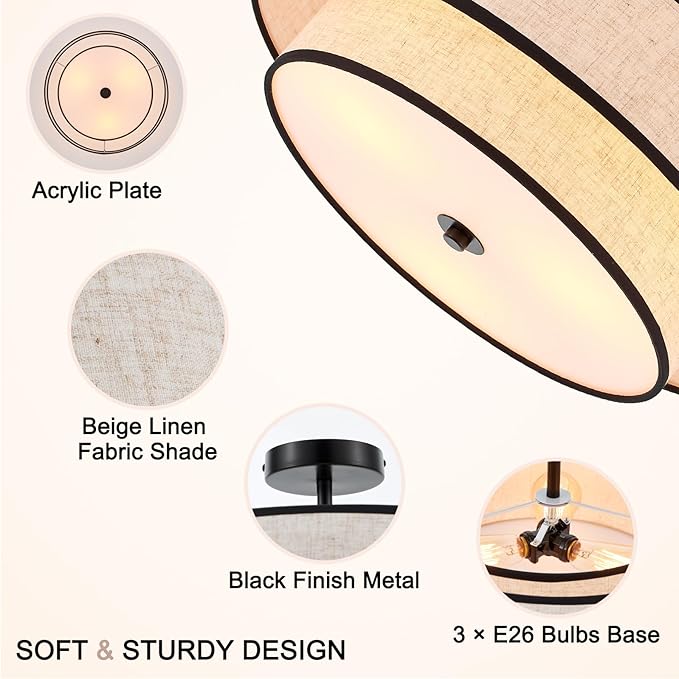 3-Light Drum Semi Flush Mount Ceiling Light, 18" Modern Black Ceiling Lighting Fixture, Vintage 2-Tier Linen Ceiling Lighting for Living Room, Bedroom, Kitchen, Dining Room, Hallway, Entryway