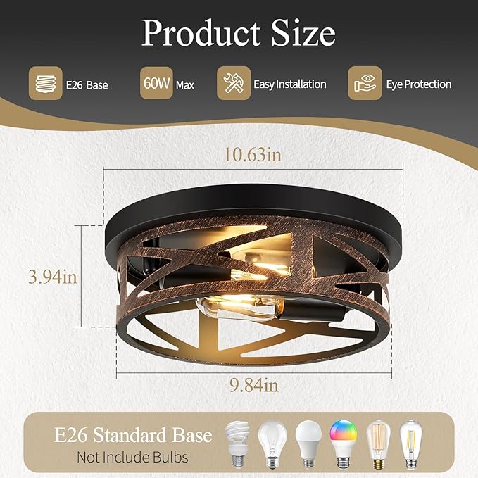 Flush Mount Ceiling Light Fixture,Vintage Metal Black 2-Light Hallway Light Fixtures Ceiling,Rustic Retro Light Fixtures Ceiling Mount for Farmhouse,Kitchen,Hall (2 Pack)