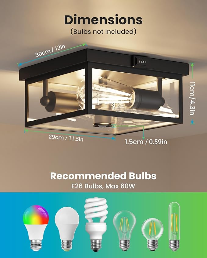 Outdoor Ceiling Light with Motion Sensor 12'', Flush Mount Porch Light, Exterior Light Fixture with Clear Glass, Dusk to Dawn 2-Light Fixture for Patio,Porch