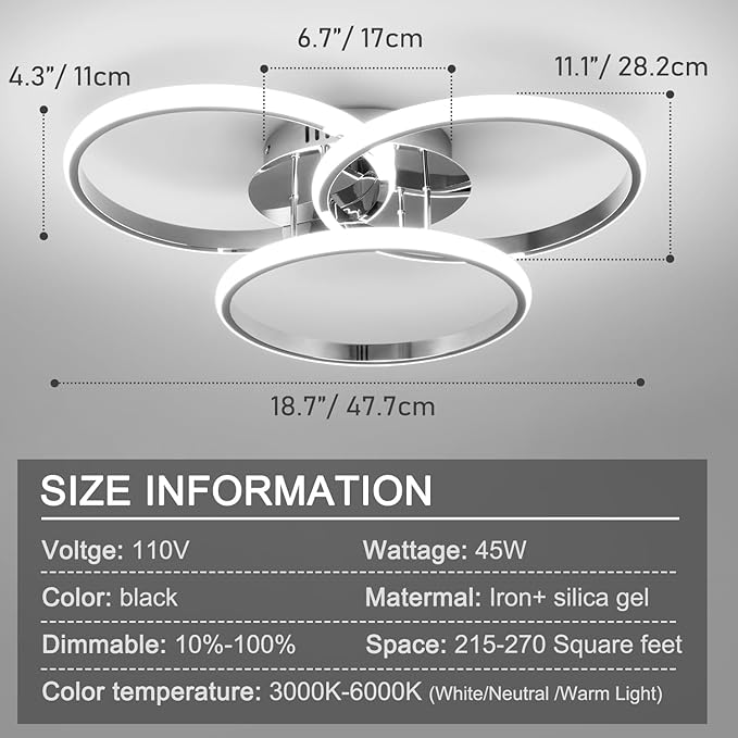 Led Ceiling Light Fixtures, Dimmable Modern Led Ceiling Light with Remote Control, 3000K-6500K Flush Mount Ceiling Light for Bedroom Living Room Dining Room Kitchen (Chrome)