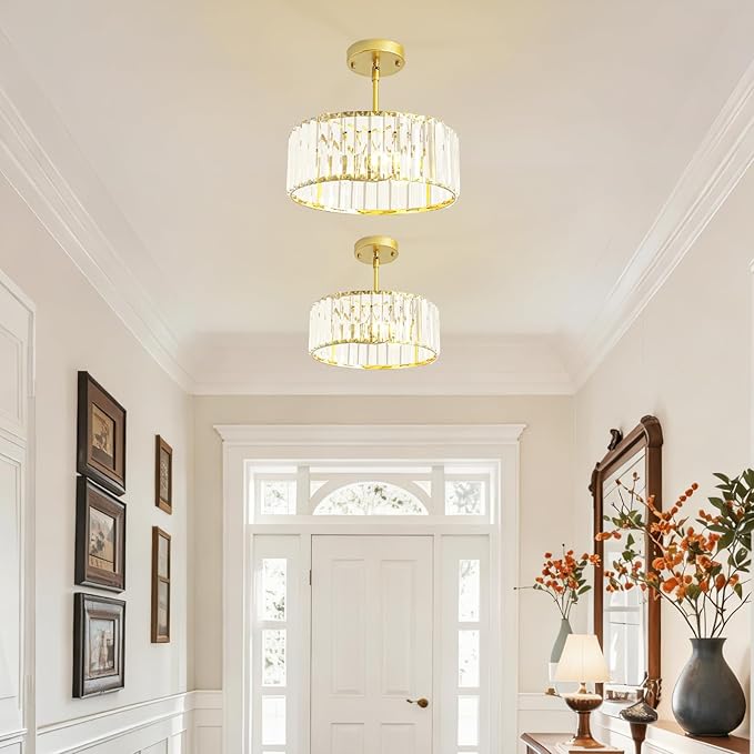 Small Gold Crystal Chandelier,Modern Dining Room Light Fixture Over Table,3-Ligh Round Kitchen Hallway Lighting Fixture, Semi Flush Mount Ceiling Pendant Light for Entryway Foyer, 12''