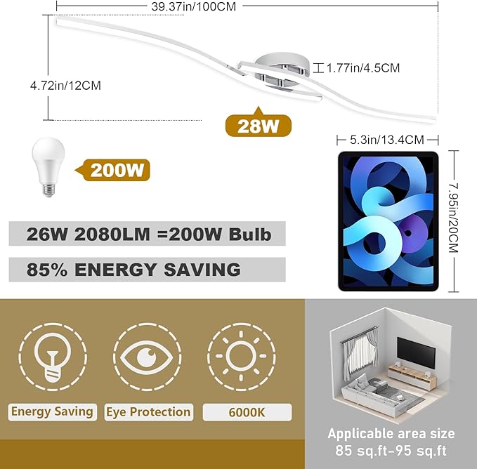 39.37Inch Linear Ceiling Light 6000K Chrome Modern Ceiling Light Fixture 28W Long Flush Mount Ceiling Lamp for Hallway, Kitchen, Bedroom, Dining Room
