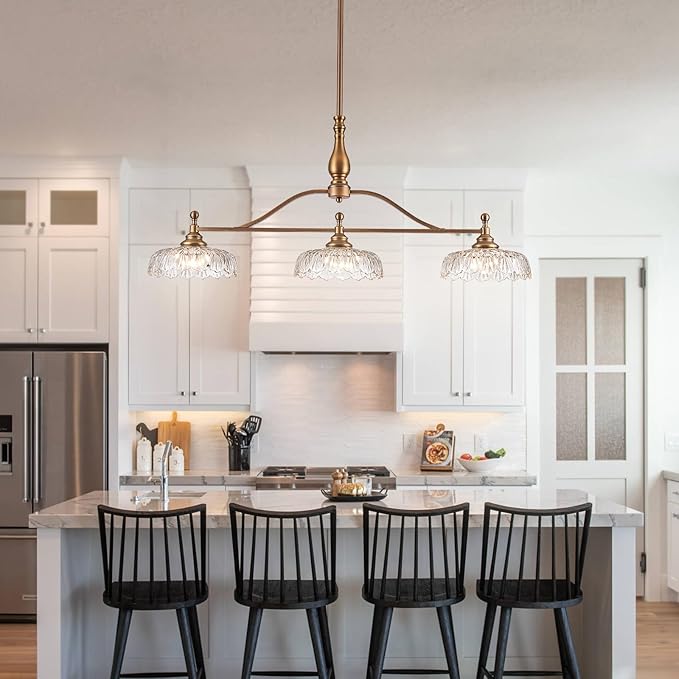 HDDFL Chandeliers Pendant Light Fixture Vintage Pendant Lighting Fixtures 3 Lights Chandelier Matte Brass Kitchen Glass Hanging Lamp for Island Dining Room Living Room
