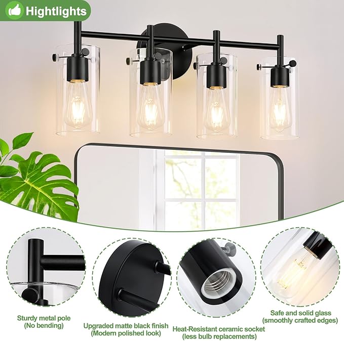 Indoi 4-Light Matte Black Bathroom Vanity Light Fixtures, Clear Glass Shade Wall Sconces for Mirror, Bedroom, Living Room, Hallway