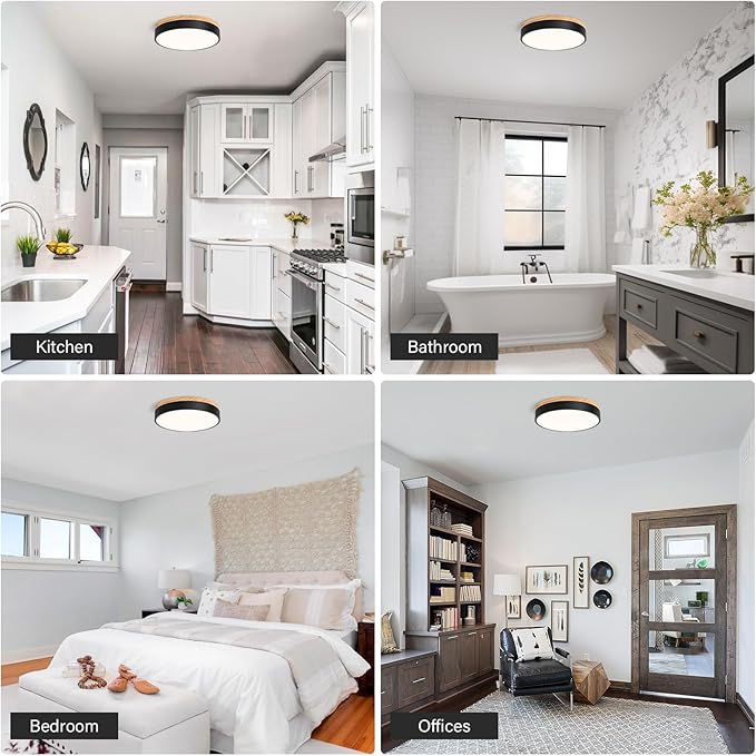 Modern LED Ceiling Light, Dimmable Wood Flush Mount Ceiling Lighting Fixture, 5CCT Round Wood Close to Ceiling Lamp for Kitchen Hallway Bathroom Office Laundry Room Entryway Nursery(Black& 11.81 in)