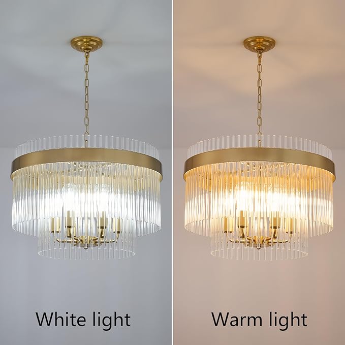 Dijiahua Modern Gold 23.6”Round Chandelier for Dining Room,6-Light Pendant Lights Kitchen Island 1 Pack,2-Tiers Luxury Brushed Brass Adjustable Cord Ceiling Hanging Lamp for for Entryway Living Room