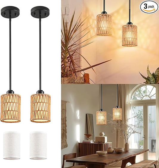 Rattan Pendant Light, 6 Inch 2-in-1 Boho Hanging Fixture with Iron Rods & Linen Shade, Adjustable Height & Sloped Ceiling Compatible for Kitchen Island Dining Room Farmhouse Bedroom, 2 Pack