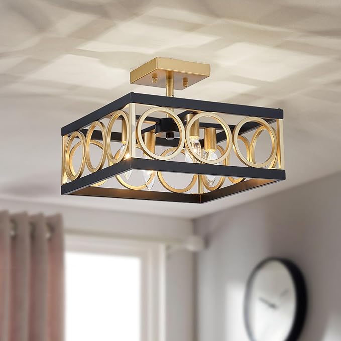 XINGQ Black and Gold Ceiling Light Fixture Modern 4-Light 13'' Semi Flush Mount Ceiling Lights for Living Dining Room Bedroom with Square Metal Shade, E12 Bulb Base