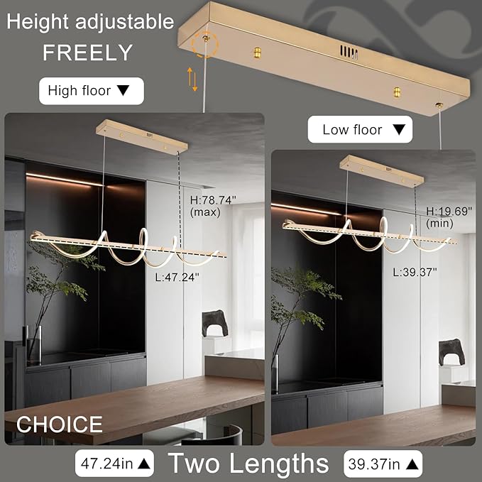 47.24" Gold Modern Chandelier for Dining Room Over Table,Gold Modern Led Pendant Light Kitchen Island Lighting Dimmable Modern Dining Room Light Fixture Creative Snake-Shaped Twist Design