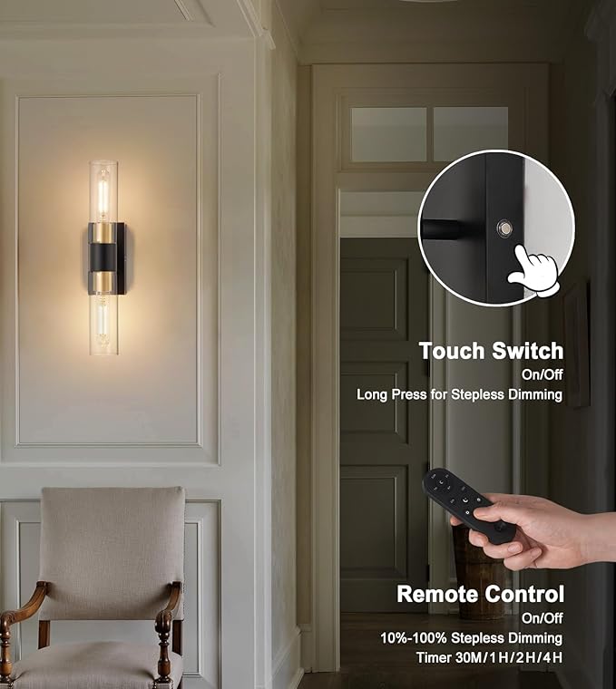 Battery Operated Wall Sconce Set of 2 with Remote Control, 12000mAh Rechargeable Wall Lights, Wireless Dimmable Wall Lamps for Bedroom Living Room Bathroom Hallway Entryway Stairwell, Black & Gold