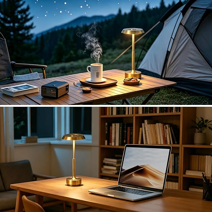 Wireless Desk Lamp Rechargeable 5000mAh Battery Powered Lamp for Counter 3 Color Stepless Dimmable LED Wireless Light for Dining Room Kitchen Outdoor Terrace Support Touch Control (Gold)