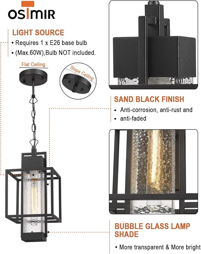 Outdoor Pendant Light, 16" 1-Light Large Hanging Porch Light Fixtures, Modern Black Outside Chandelier Lantern Lighting with Bubble Glass for Porch Gazebo Entryway, 2375/1HL
