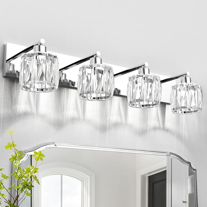 VOLISUN Crystal Vanity Lights for Bathroom, 4 Light Modern Stainless Steel Bathroom Light Fixtures Over Mirror, Chrome Bathrooms Lights Fixtures - UL Certificated (Exclude Bulb)