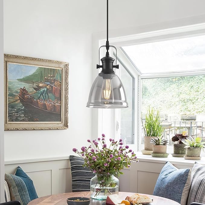 Black Pendant Lights Kitchen Island 2 Pack, 6.5" Modern Farmhouse Smoked Glass Pendant Light, Island Lights for Kitchen, Mini Pendant Lighting for Kitchen Island Dining Room