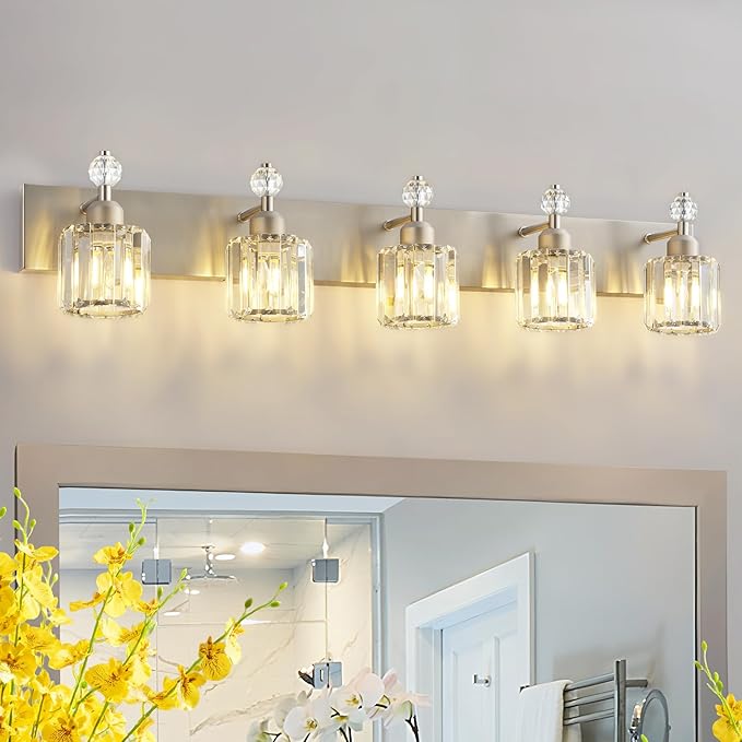 PRESDE Modern Crystal 5-Light Bathroom Light Fixtures Brushed Nickel Vanity Light for Bath Wall Lighting Over Mirror