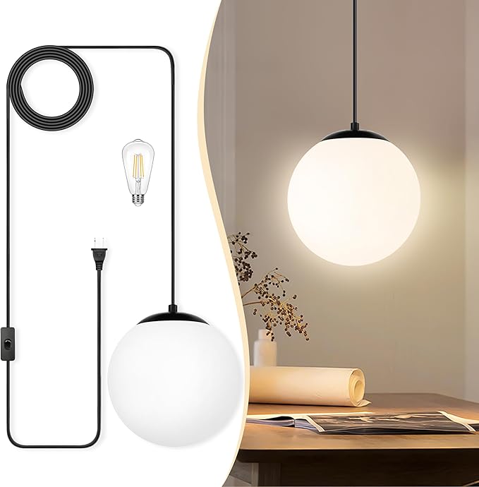 KoKo&Yukina 10" Globe Pendant Light Black Plug in Pendant Light Adjustable Hanging Lights with Plug in Cord Matte Black Finished with Milk Glass Lampshade for Bedroom Kitchen Island（Bulb Included）