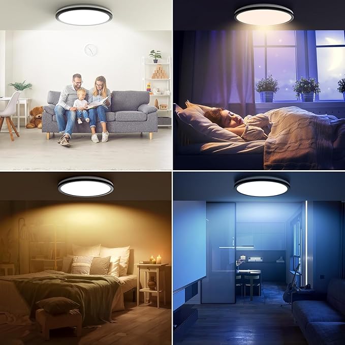AmazeFan 12Inch LED Flush Mount Ceiling Light with Remote Control, Dimmable Night Light 1800K 3000K/4000K/6500K 24W 2400lm Low Profile Wired Ceiling Lamp for Bedroom LivingRoom Kitchen Hallway-Black