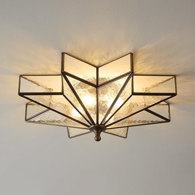 Star Brass Glass Ceiling Light - 19.5 in Black Bronze Hammered Large Flush Mount Fixture - Unique Art Deco Mid Century Vintage Moravian Lighting Lights for Bedroom Dining Foyer Living Room