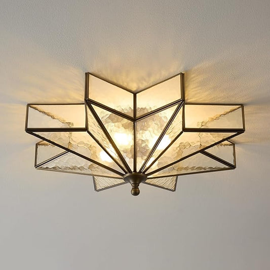 Star Brass Glass Ceiling Light - 19.5 in Black Bronze Hammered Large Flush Mount Fixture - Unique Art Deco Mid Century Vintage Moravian Lighting Lights for Bedroom Dining Foyer Living Room