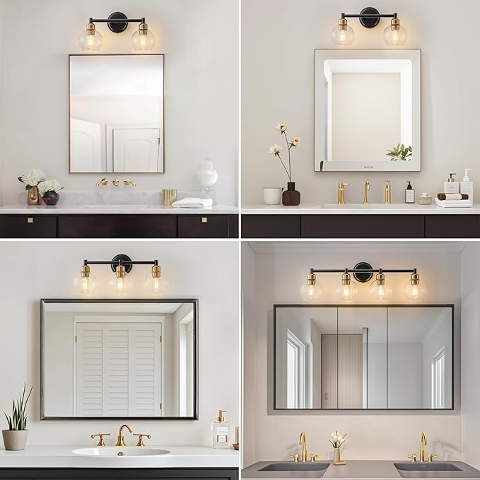Bathroom Light Fixtures,2-Light Modern Bathroom Vanity Light,Black and Gold Wall Sconce with Clear Glass Globe Shades,Adjustable Brightness Wall Lights for Kitchen,Bedroom,Hallway,Living Room