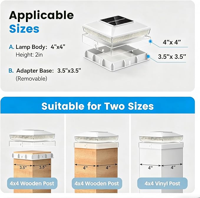 Solar Post Cap Lights 2 Pack, IP65 Waterproof Outdoor Fence Post Solar Lights for 3.5x3.5 & 4x4 Wood/Vinyl Posts, 10-12 Hours Upgraded Warm/Cool White Glow for Garden/Patio/Porch - Ivory White