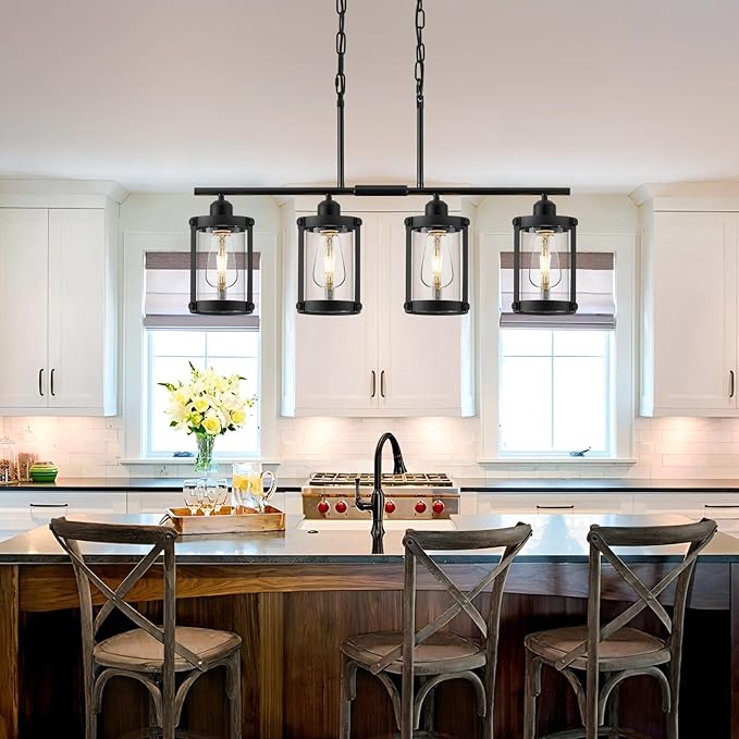 4-Light Kitchen Island Lighting, Black Linear Dining Room Light Fixtures with Clear Glass and Chain, Modern Farmhouse Chandelier Pendant Light for Kitchen Island Dining Room, OS-3014-4ISBK