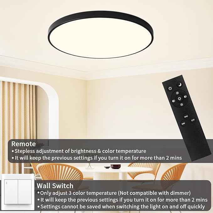 20 Inch Flush Mount Ceiling Light Fixture, Dimmable with Remote, 3000K-6500K Adjustable Color, 36W 3600Lm Ultra Thin Modern Round LED Ceiling Light, Black for Bedroom, Kitchen, Living Room