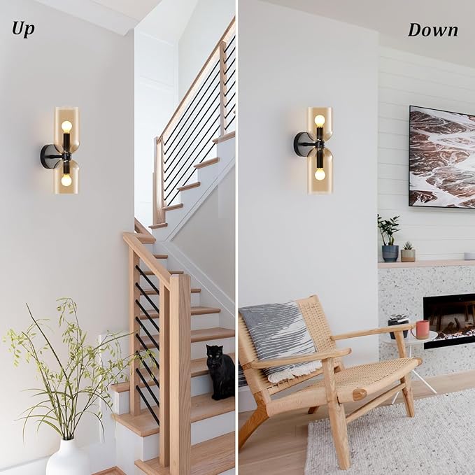Modern Glass Wall Sconces- Double Head Wall Lighting with Long Short Glass Shades- Bathroom Vanity Light Mid-Century Up Down Hardwired Wall Lamp Indoor for Bedroom Hallway Living (Black-Amber)