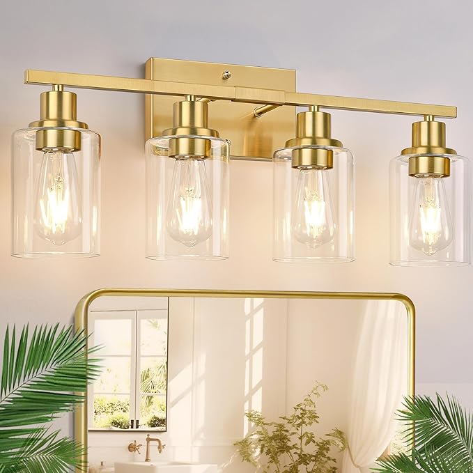 Indoi 4-Light Vanity Lights with Clear Glass Shades, Brushed Gold Bathroom Light Fixtures Over Mirror, Modern Bathroom Wall Lamp for Mirror Living Room Cabinet Bedroom Porch