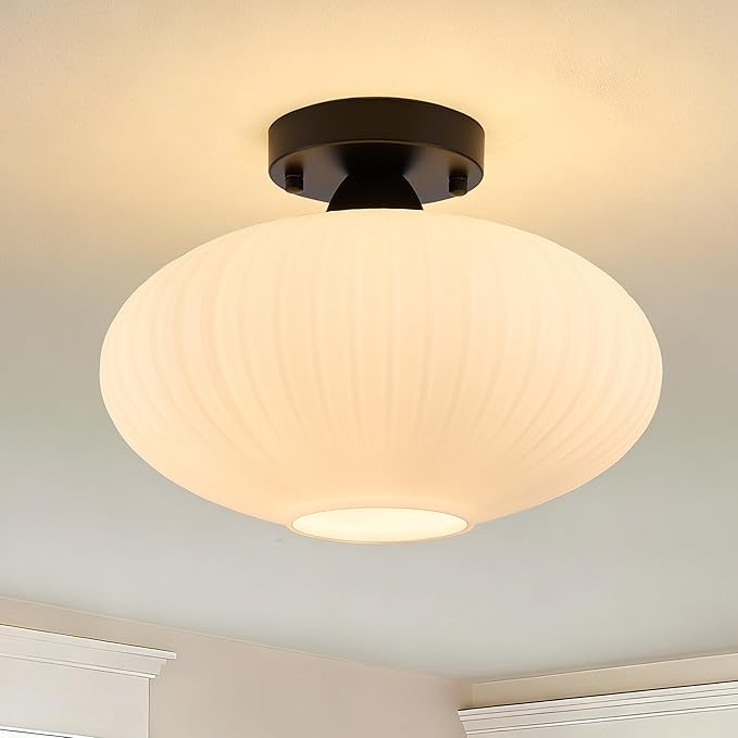 Mid Century Modern Semi Flush Mount Ceiling Light, 12" Black Ribbed Milk Glass Globe Fixture for Hallway, Kitchen, Entryway, Bedroom