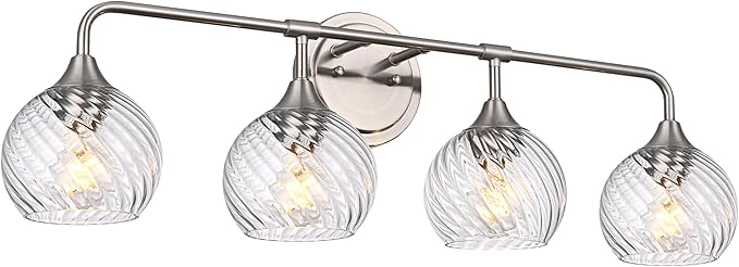 MELUCEE Bathroom Vanity Light Brushed Nickel 4 Lights with Clear Striped Swirl Glass Shade, 33" Vanity Lighting Fixtures Over Mirror Modern Bathroom Wall Lights for Powder Room Kitchen Foyer