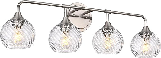 MELUCEE Bathroom Vanity Light Brushed Nickel 4 Lights with Clear Striped Swirl Glass Shade, 33" Vanity Lighting Fixtures Over Mirror Modern Bathroom Wall Lights for Powder Room Kitchen Foyer
