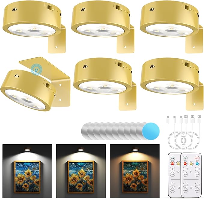 Narotood 6 Pack Picture Lights for Wall, Rechargeable Battery Operated Wall Lights, Picture Frame Lights with 3 Lighting Modes, Wireless Magnetic Painting Light with Remote Control Timer, (Golden)