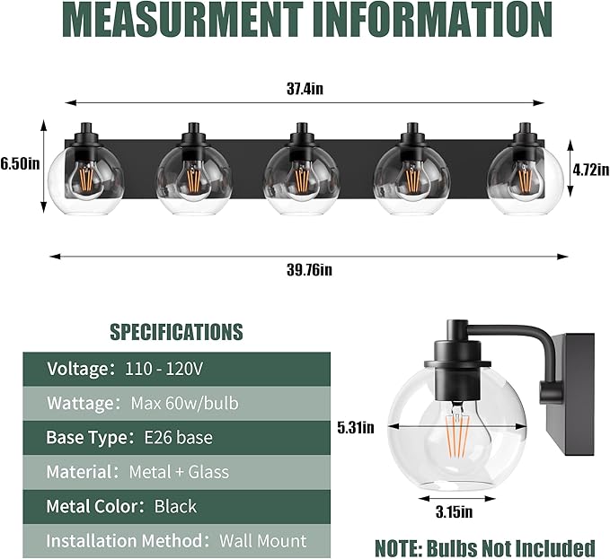 Espird 5 Light Bathroom Light Fixtures-Matte Black Bathroom Vanity Lights, Modern Vanity Lights 5-Light Bathroom Lighting Fixtures Over Mirror with Clear Glass Globe Shade
