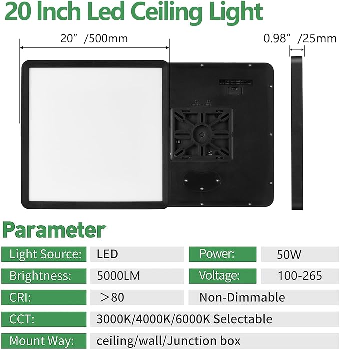 20 Inch Large LED Flush Mount Ceiling Light,45W 4500LM, 3000K/4000K/6000K CCT Selectable,Black Square Low Profile Ceiling Light Firxtue for Bedroom/Kitchen/Living room/Dinning room/Hallway