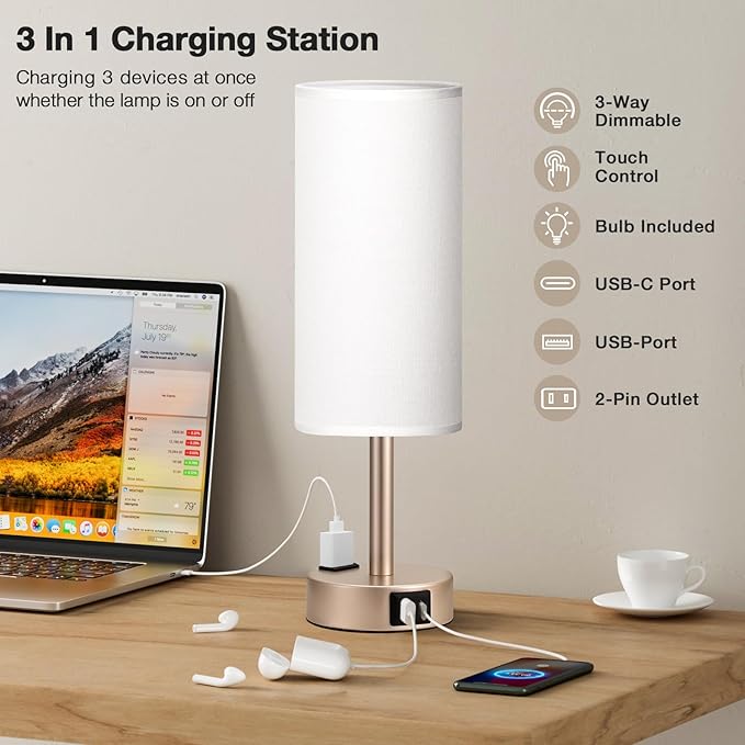 Antique White Bedside Table Lamp for Bedroom - 3 Way Dimmable Touch Lamp USB C Charging Ports and AC Outlet, Small Lamp Gold Base Round Flaxen Fabric Shade for Living Room, Desk, LED Bulb Included