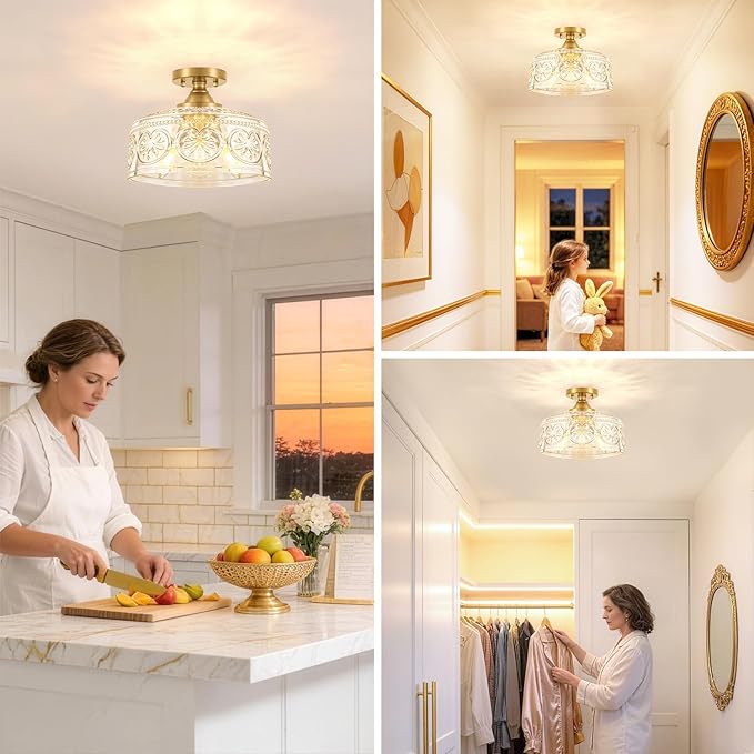 Vintage Gold Semi Flush Mount Ceiling Light Fixture, 3-Light Hallway Light Fixture with Thickened Glass, Close to Ceiling Light for Kitchen, Entryway, Foyer, E12