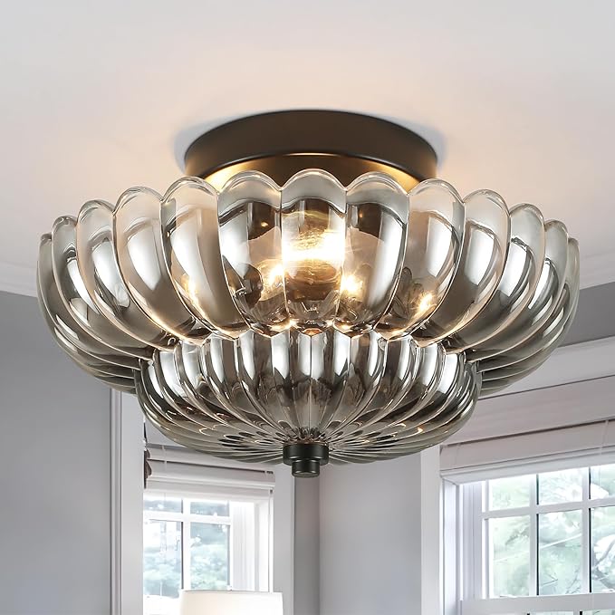 Modern Black Flush Mount Ceiling Light,Semi Flush Mount Ceiling Light Fixture,Industrial Kitchen Lighting,Electroplated Transparent Glass mid century light for Bedroom, Living Room, Hallway, Entryway