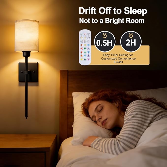 Battery Operated Wall Sconce Set of 2, Black Wireless Wall Lights with Remote 5300mAh Rechargeable Dimmable Bulb, 12 Colors Wireless Wall Sconces for Bedroom Living Room Hallway
