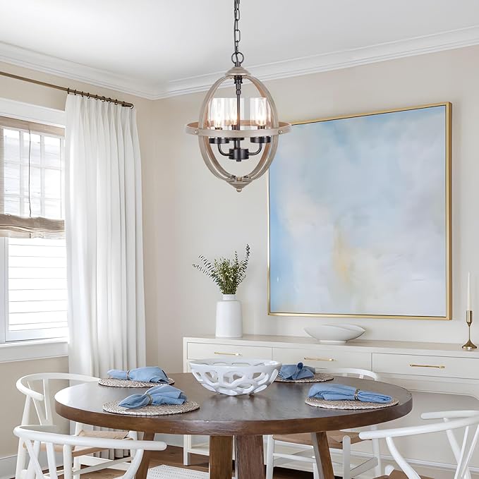 Farmhouse Chandelier, 14" Industrial Rustic Globe Sphere Orb Chandelier Wood Grain, 3-Light for Dining Room Entryway Kitchen Island Foyer