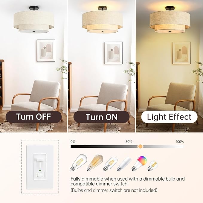 4-Light Semi Flush Mount Ceiling Light, 19.7" Double Drum Ceiling Light Fixture with Linen Fabric Shade, Modern Black Ceiling Light for Dining Room, Living Room, Bedroom, Kitchen, Hallway, Entryway